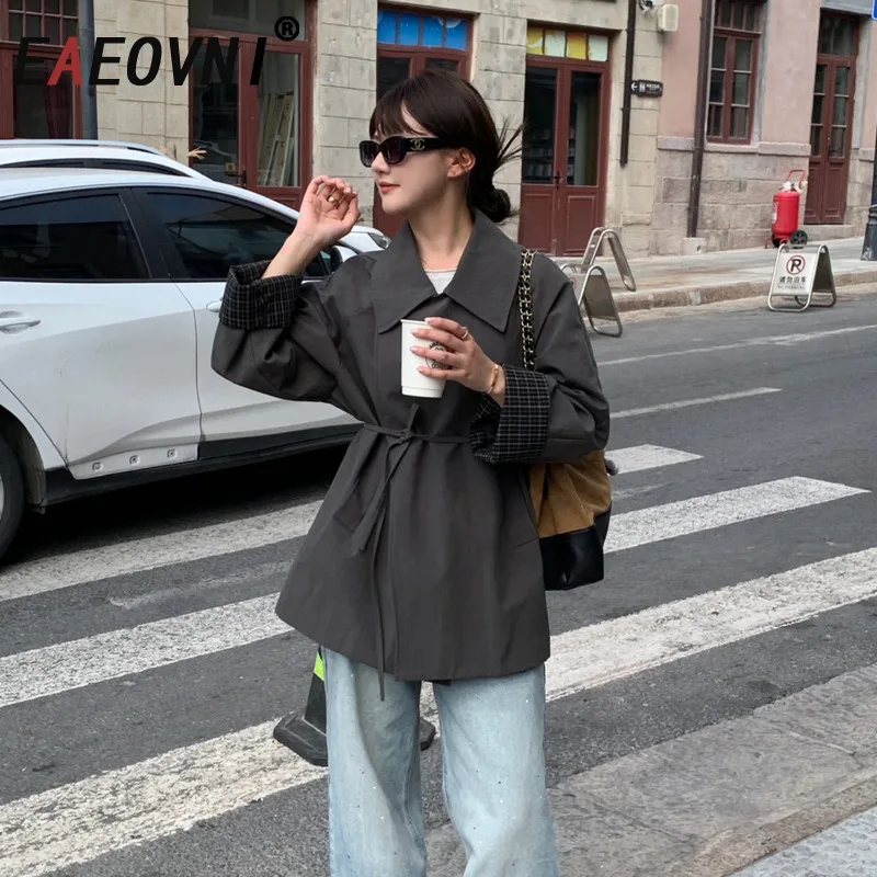

EAEOVNI Autumn New Women Jacket Coat Lace-up Sleeve Patchwork Design Mid Length Windbreaker Fashion 2025 Office Lady Clothing