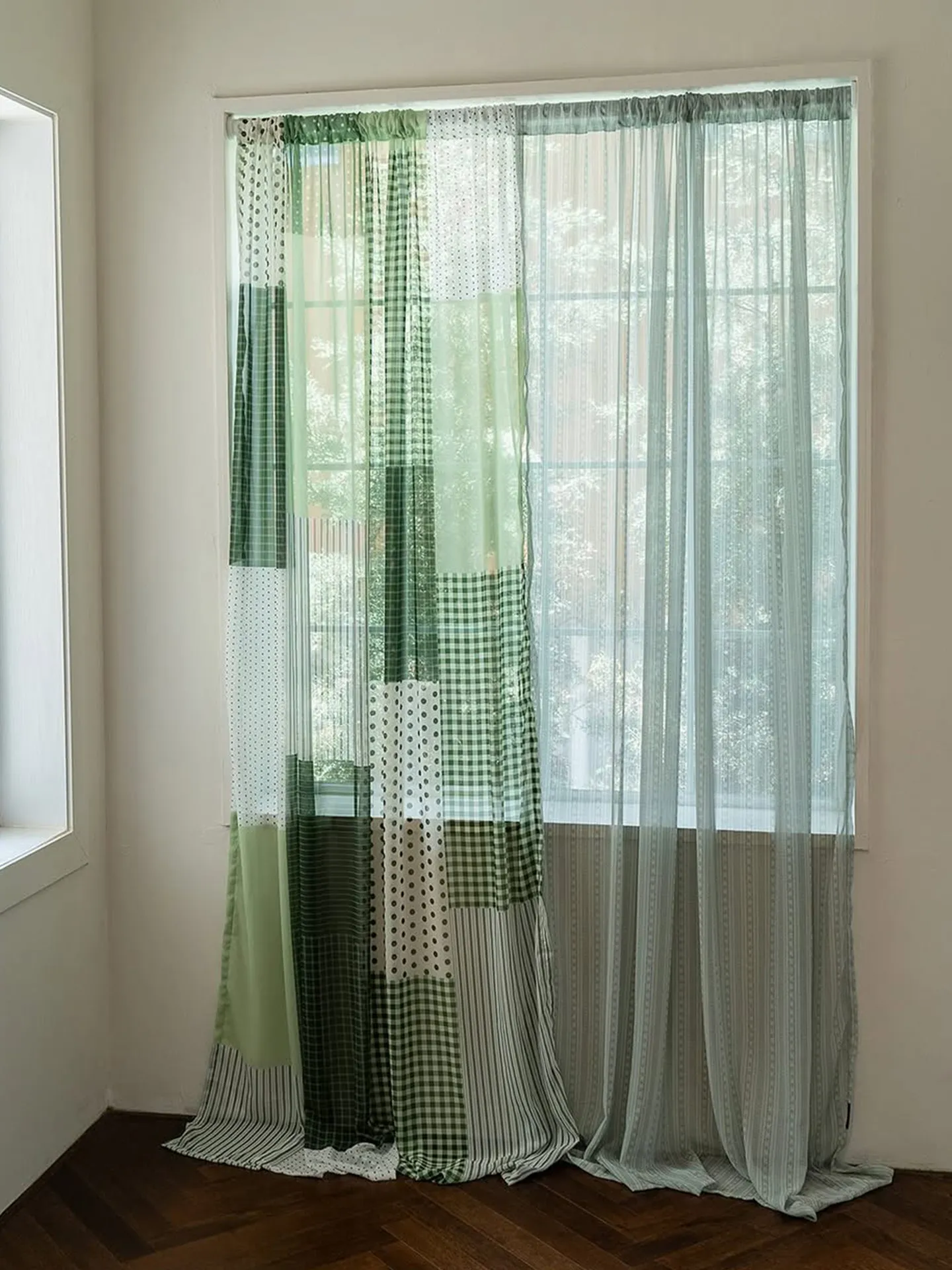 Frühling Herbst Grüne Transparente Vorhänge Chiffon-Garn Sommer Fließende Vorhänge Stoff Karierte Tür-Balkon-Trennwand Dekoration