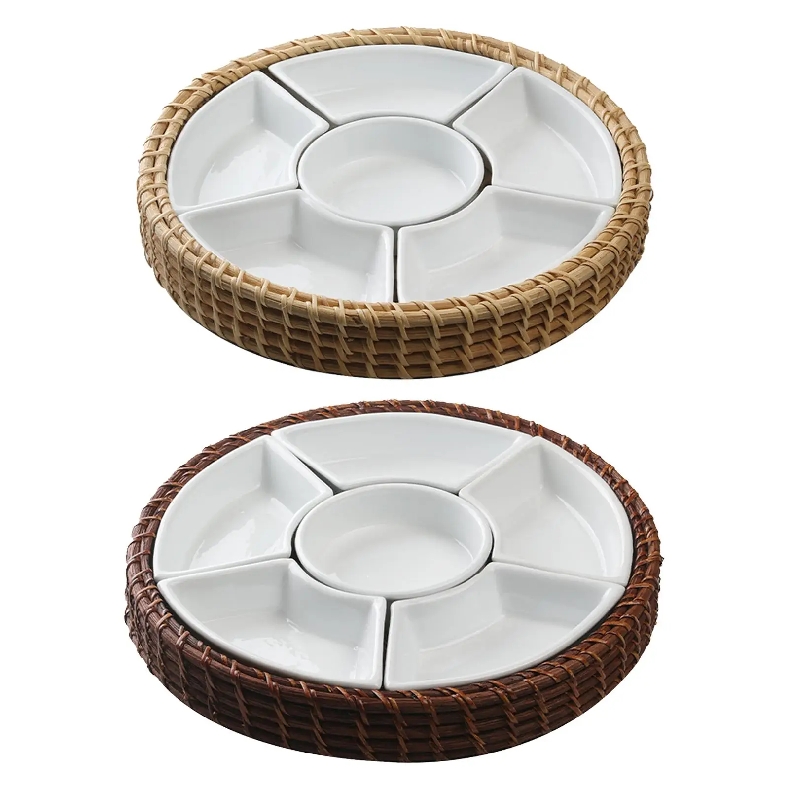 Rattan Divided Serving Tray with 6 Compartments Chip and Dip Plates Appetizer Serving Tray for Nuts Dessert Fruit Cakes Party