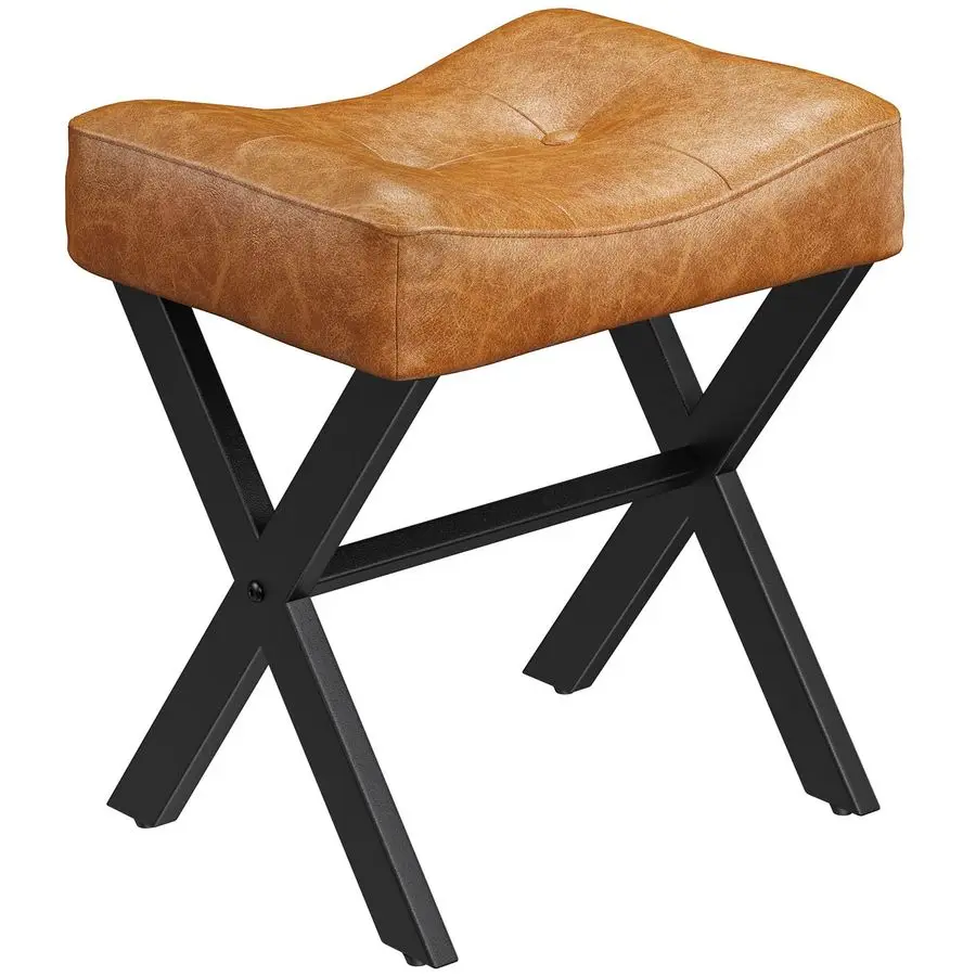 

Leather Vanity Stool Chair, Vanity Bench with Metal XLeg, Ottoman Foot Stool with Thick Padded Saddle Seat, Brown