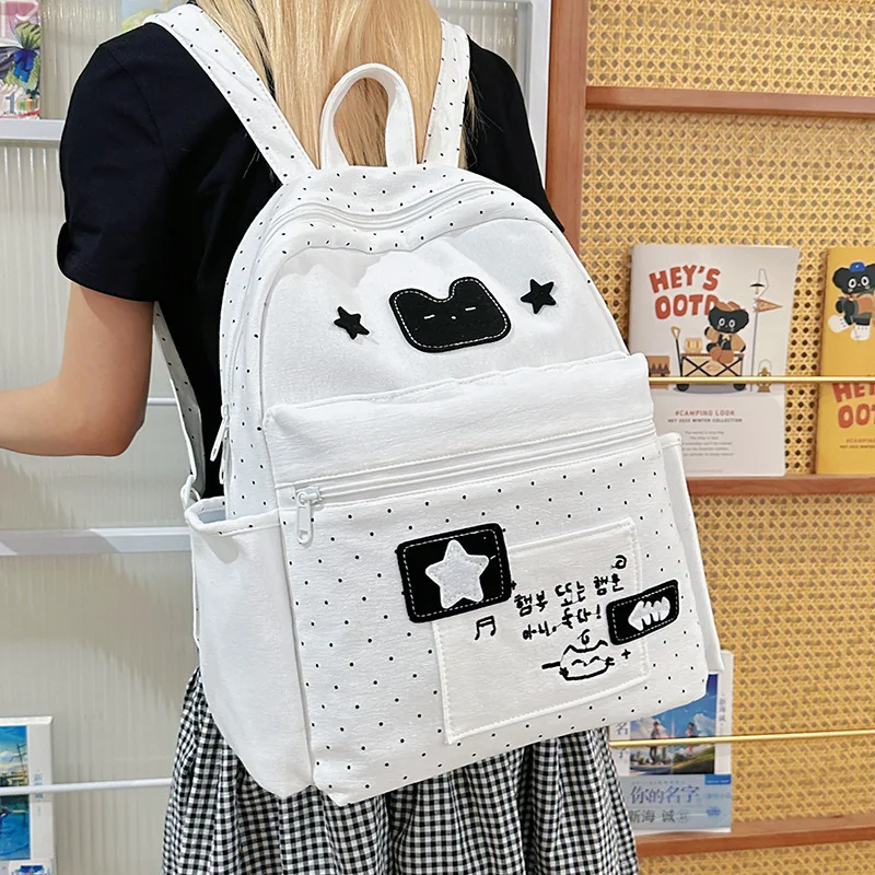 

Large Capacity Student Backpack New Fashiondot Cartoon Splicing Backpack College Style Graffiti Student Pain Bag Unisex