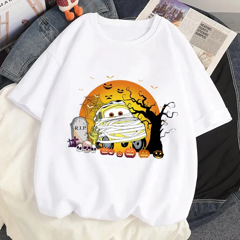 Camiseta con estampado de coche Pixar Lightning McQueen 95, camisetas gráficas de calabaza de Halloween, camisetas informales con cuello redondo para mujer de verano
