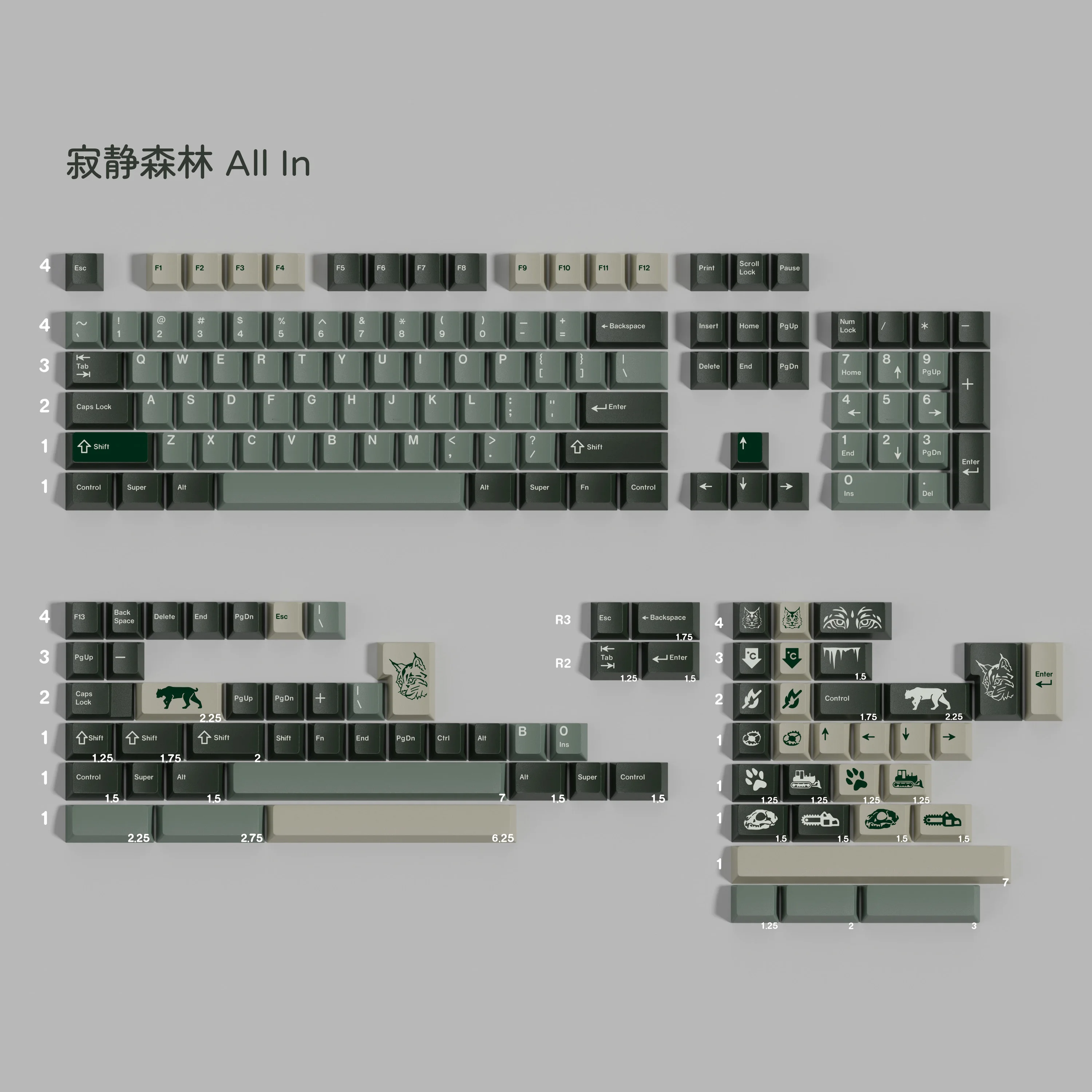 PBT Silent Forest Keycaps Cherry Profile English Russian Key Caps Dye Subb Keycap For MX Keyboard F75 F99 RK84 GMK67 Alice HHKB