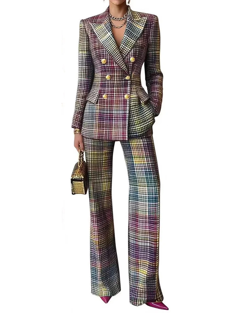 New Women Print Patchwork Matching Suits Ladies Wide Leg Pants 2 Piece Sets Spring Autumn Turn Down Collar Top Long Pants Outfit