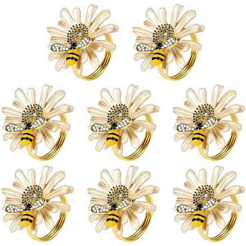 

2X Daisy Flower Napkin Rings,Metal Bee Napkin Holders For Wedding Party Or Daily Use,Beautiful Your Dinner Table Decor