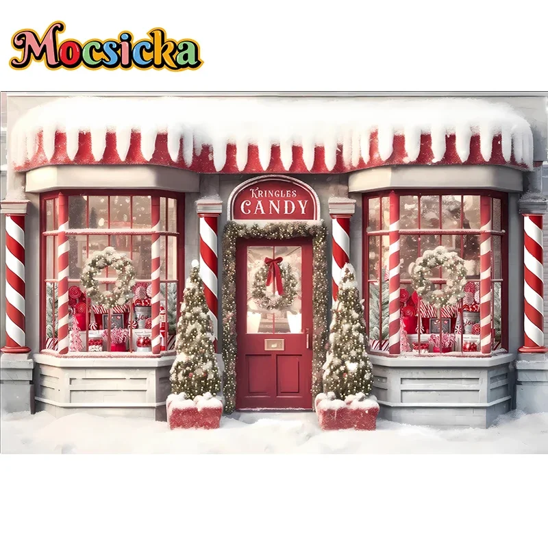 Christmas Candy Shop Backdrop For Photography Xmas Tree Winter Snow Red House Family Kids Baby Birthday Photo Background Studio