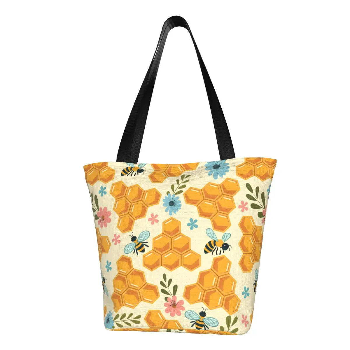 Bolso de compras personalizado con panal, abejas y flores, bolso de compras para comestibles, bolso de hombro de lona divertido para mujer, bolso de gran capacidad