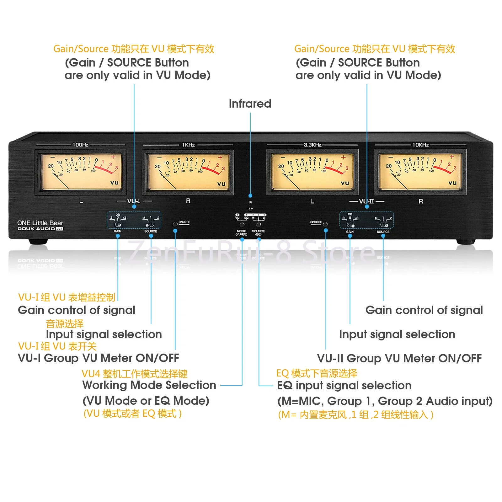 Switch audio distributor Four-channel analog VU meter voice control/line dual input level rhythm lamp RCA/XLR