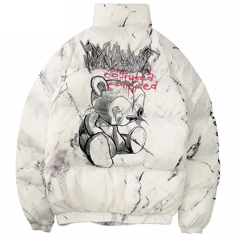 TPJB Winter Down Padded Jacket Men Women Cartoon Bear Print Oversized Streetwear Parka Couple Harajuku Thick Warm Bubble Coat