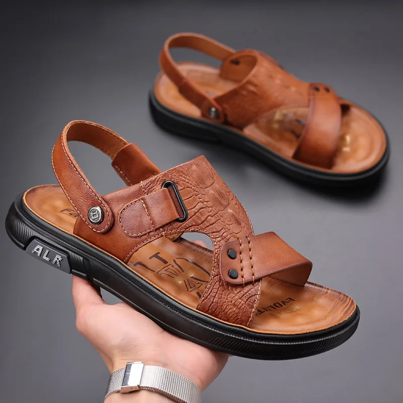 Genuine Leather Men Sandals Luxury Crocodile Pattern Men Slippers Outdoor Comfor Beach Shoes Fashion Soft Sole Men sandalias New