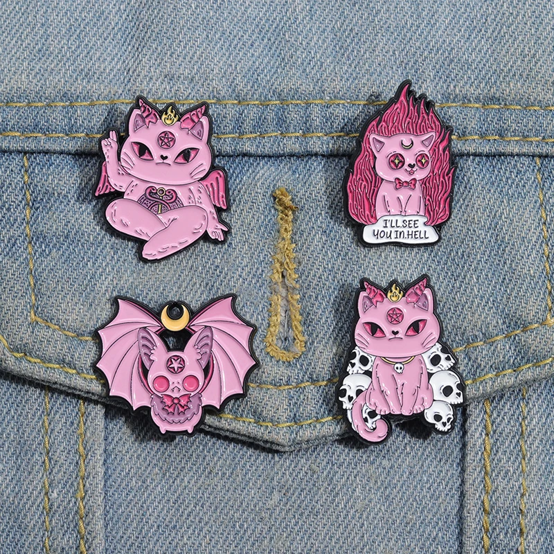 Cute Bat Kitten Enamel Pins Cartoon Magic Cat I Will See You In Hell Brooches Backpack Clothes Lapel Badges Punk Animal Jewelry