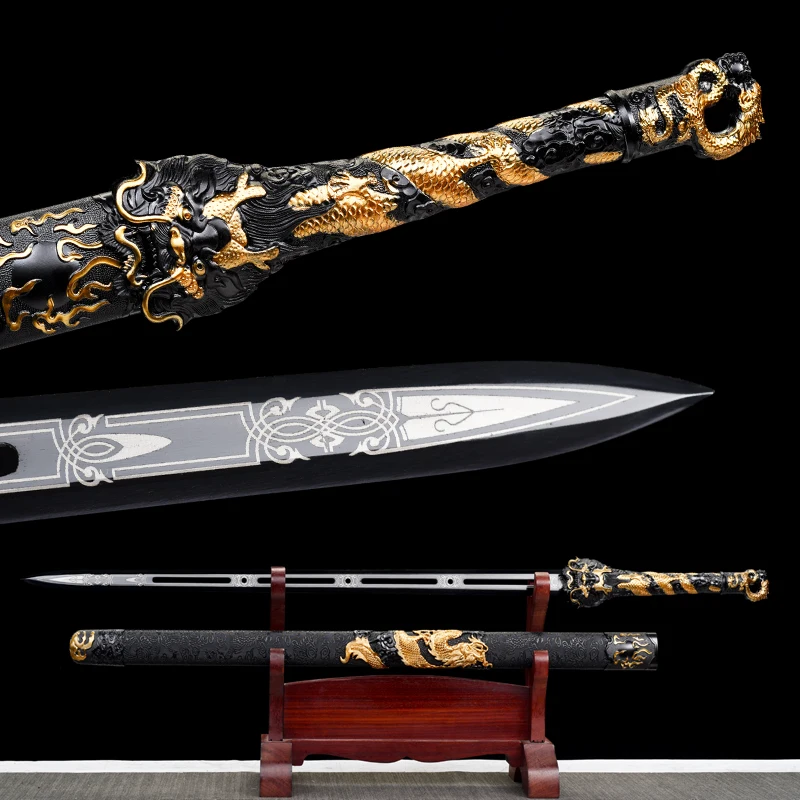 Chinese Battle Sword Manganese Steel Blade Real Handmade Full Size Ready Metal Handle Golden Dragon Katana Black Samurai Swords