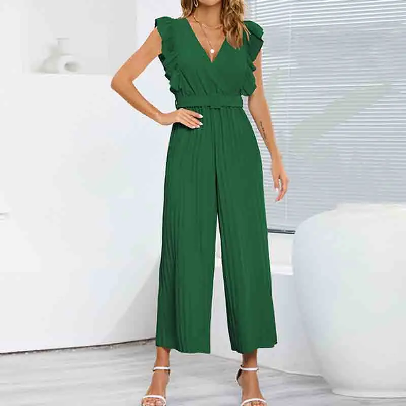 Sexy Slim Fit Jumpsuit High Waist Sleeveless Rompers Summer New 2024 Lotus Leaf V-neck Pleated Wide Leg Skirt Pants for Women