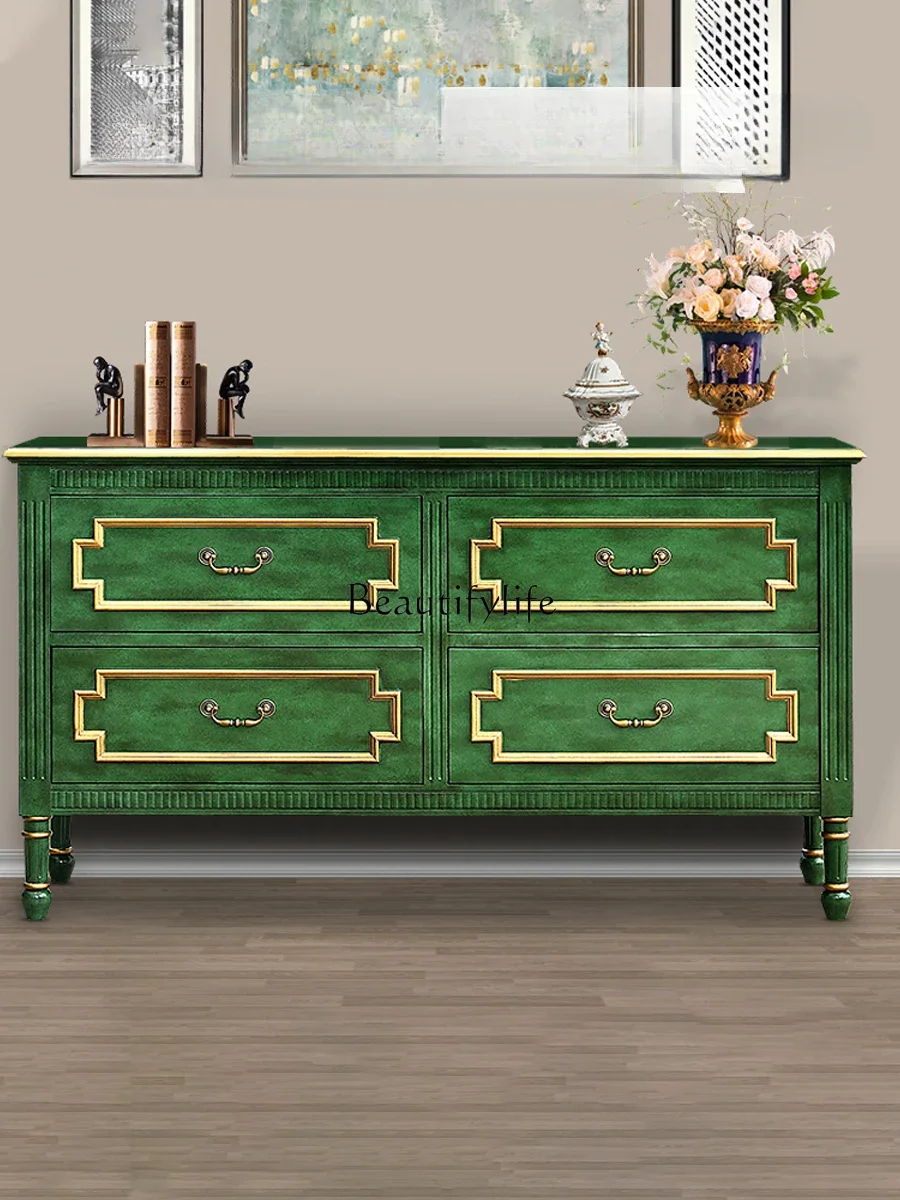 

FG11American Country Solid Wood Bedroom Storage TV Locker Living Room Hallway Decoration Retro Green Sideboard Cabinet