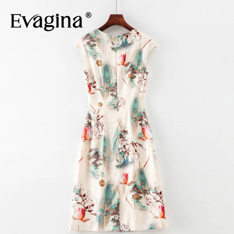 Evagina Fashion Summer Women's Dress Sleeveless Vintage Elegant Print Slim Office Work A-Line Dresses