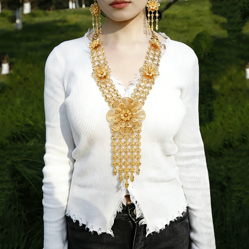 

African Jewelry Long Necklace Flower Earrings 2pcs Fashion Gold Color Set Women Jewelry Luxury Earrings Party Daily Wedding Gift