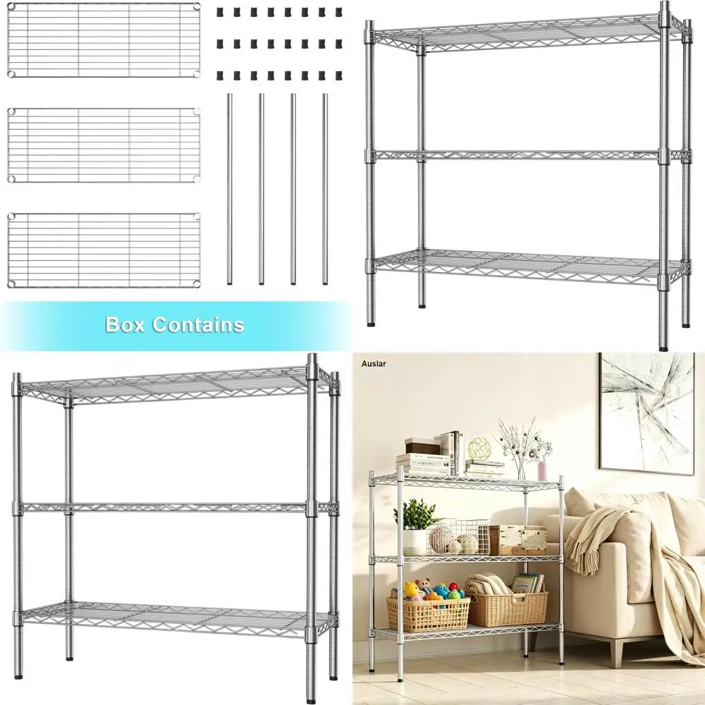 

Трехуровневый регулируемый металлический стеллаж для тяжелых нагрузок, хромированная отделка