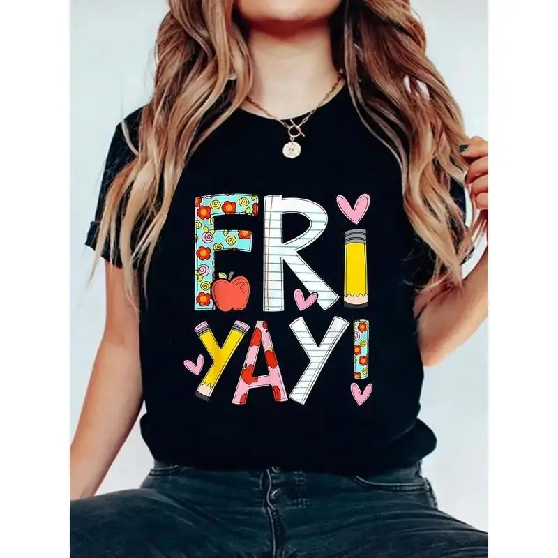 Fri-Yay! Women'S Fun Friday Teacher T-Shirt – Colorful Letter Print With Floral & Elements, Soft Cotton Event Attire