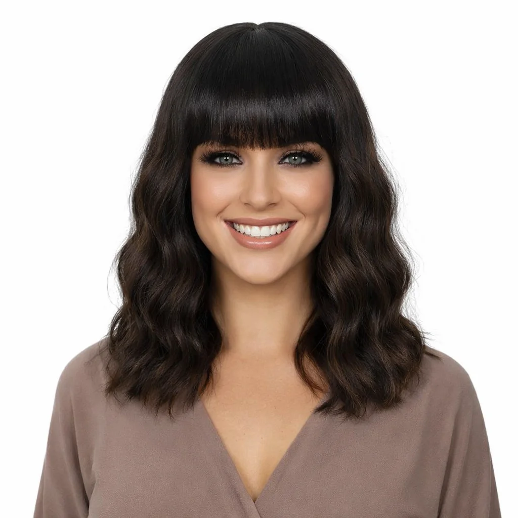 

Черный с коричневым смешанный парик с челкой, синтетический кудрявый парик-боб, натуральная длина до плеч, 14 дюймов, для женщин и девушек, для повседневного использования, разноцветный.