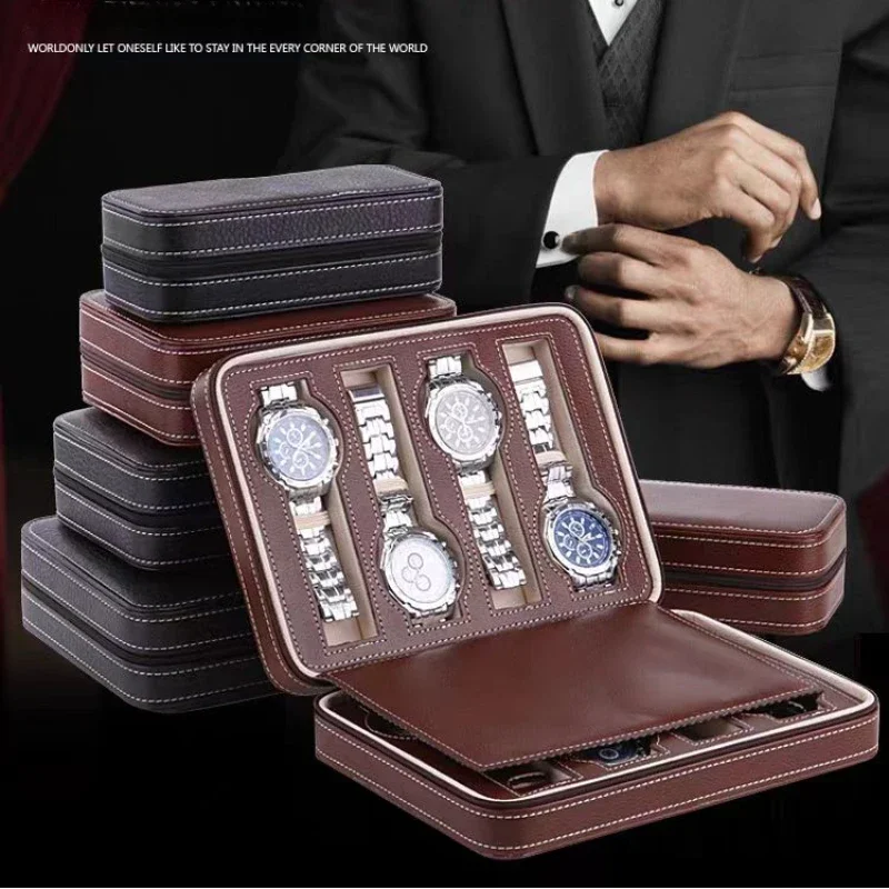 New 4/6/8/10/12 Slots Portable Leather Watch Box Your Watch Good Organizer Jewelry Storage Box Zipper Easy Carry Men Watch loxes