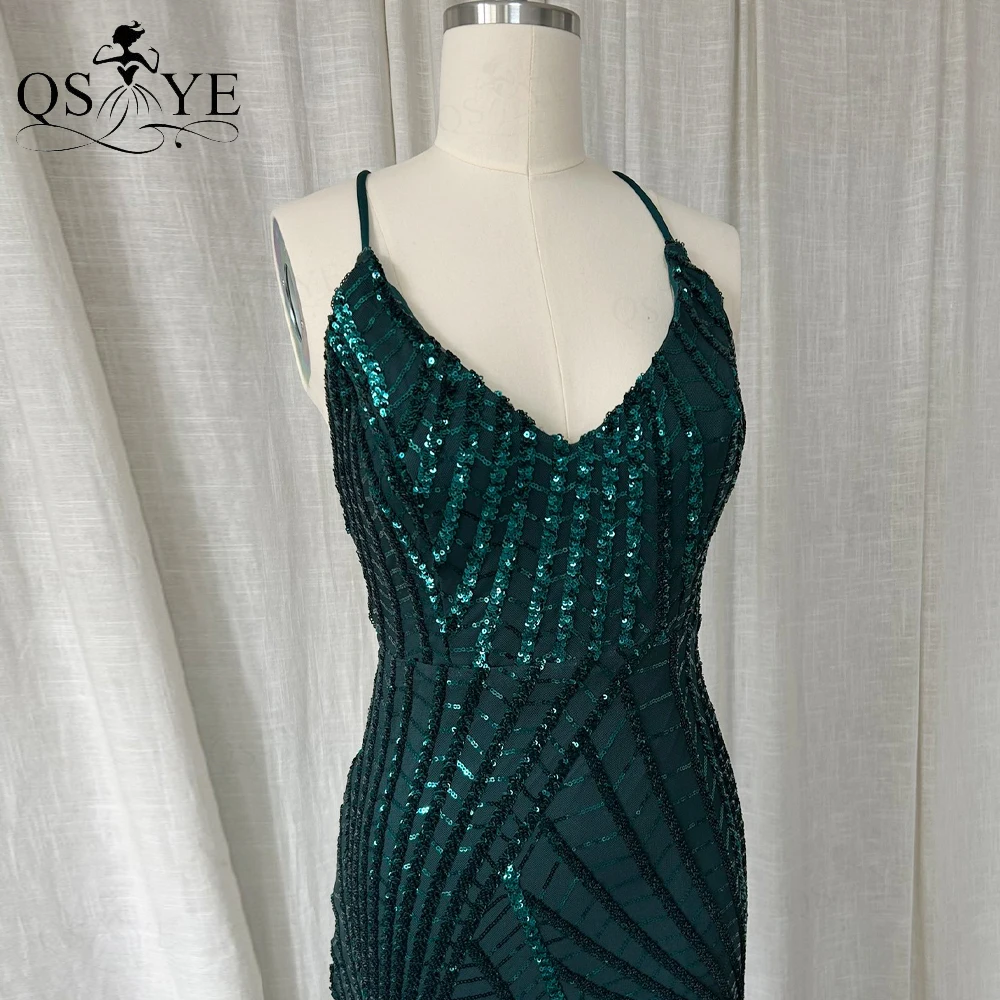 Sexy V neck Green Evening Dresses Halter Straps Sequin Prom Gown Pattern Lace Open Low Back Woman Front Split Girl Party Dress