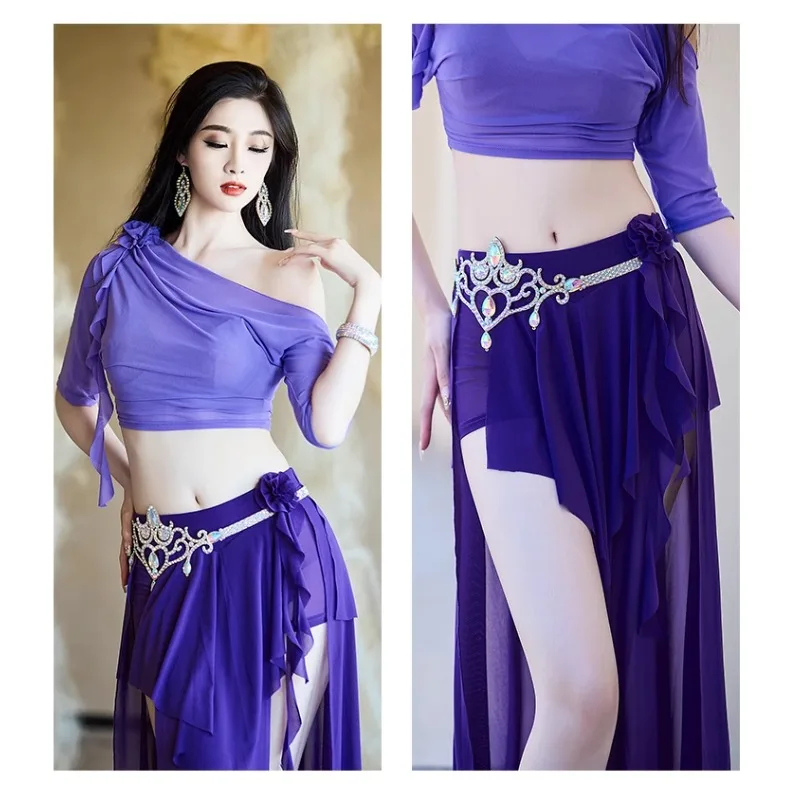 

Женский костюм для танца живота по индивидуальному заказу, тренировочное платье, топ и юбка, 2 шт., платье из водяной пряжи, одежда для танца живота