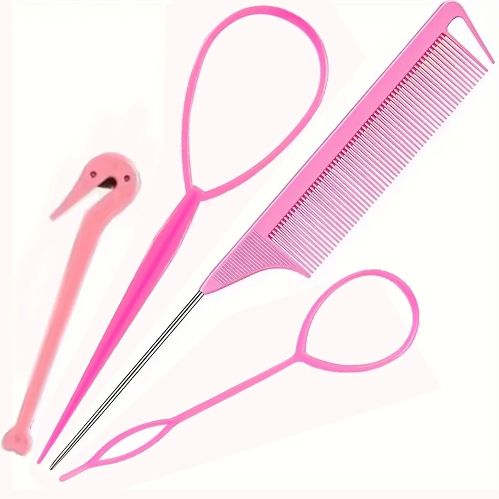 4Pcs Tail Hair Tools, Hair Loop Styling Tool Set With Make Hairstyles Elastic Hair Bands Remover Cutter Rat Tail Comb Hair Tools