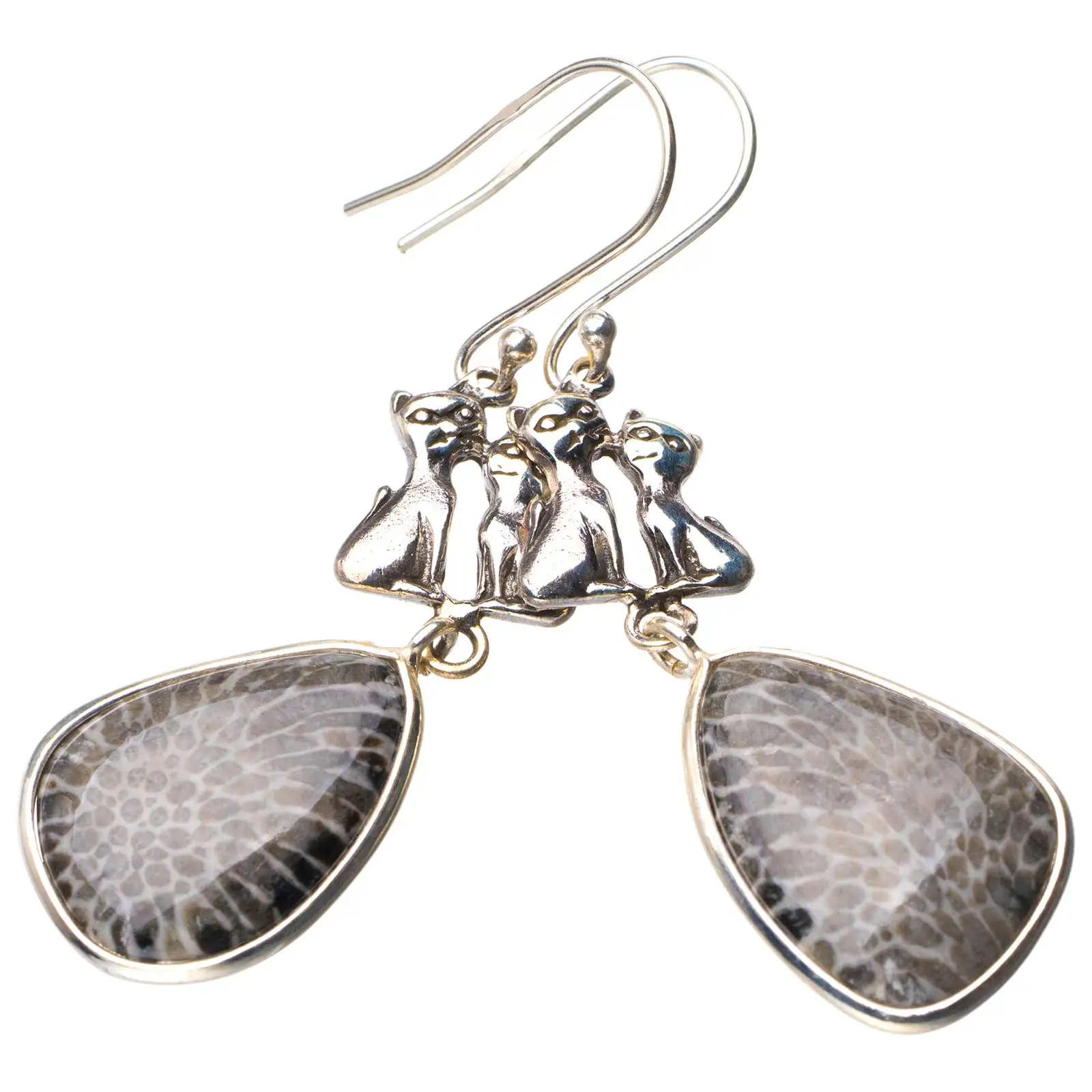 StarGems® Natural Stingray Coral Cats Handmade 925 Sterling Silver Earrings 2.25