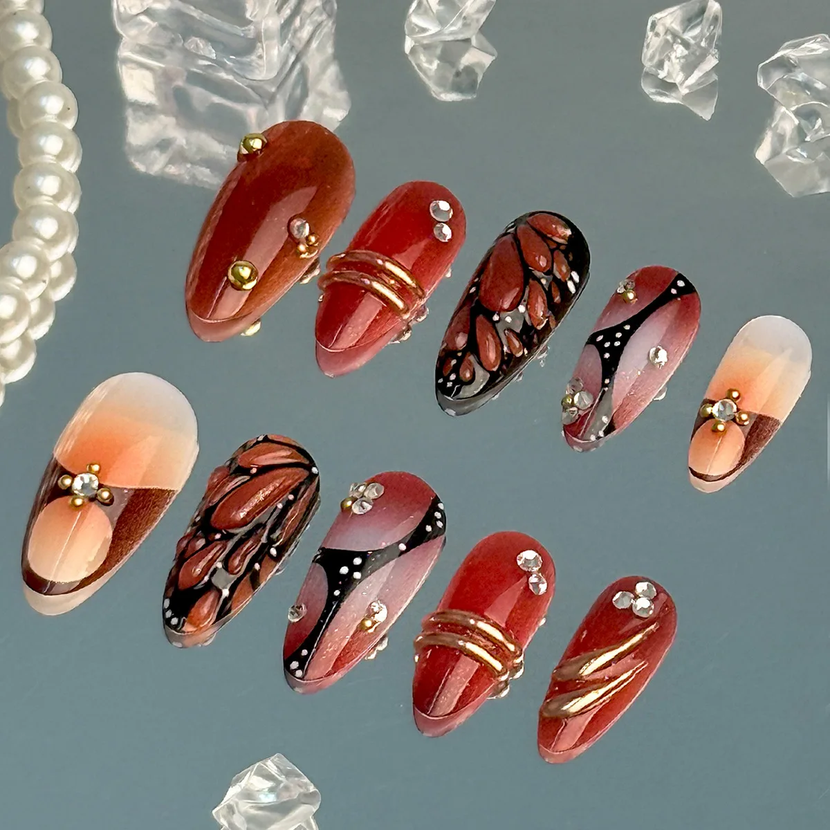 

24 шт., 3D горный хрусталь, золотая линия, накладные ногти, бабочка, мраморные детали, бордовый, терракотовый, миндаль, роскошный осенний пресс на ногтях