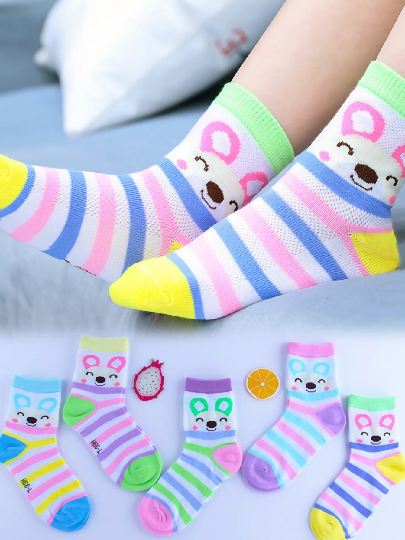 5 Pairs Summer Mesh Children Socks Cute Cartoon Bunny Striped Socks Soft Cotton Breathable Elastic Toddler Girls Mid Tube Socks