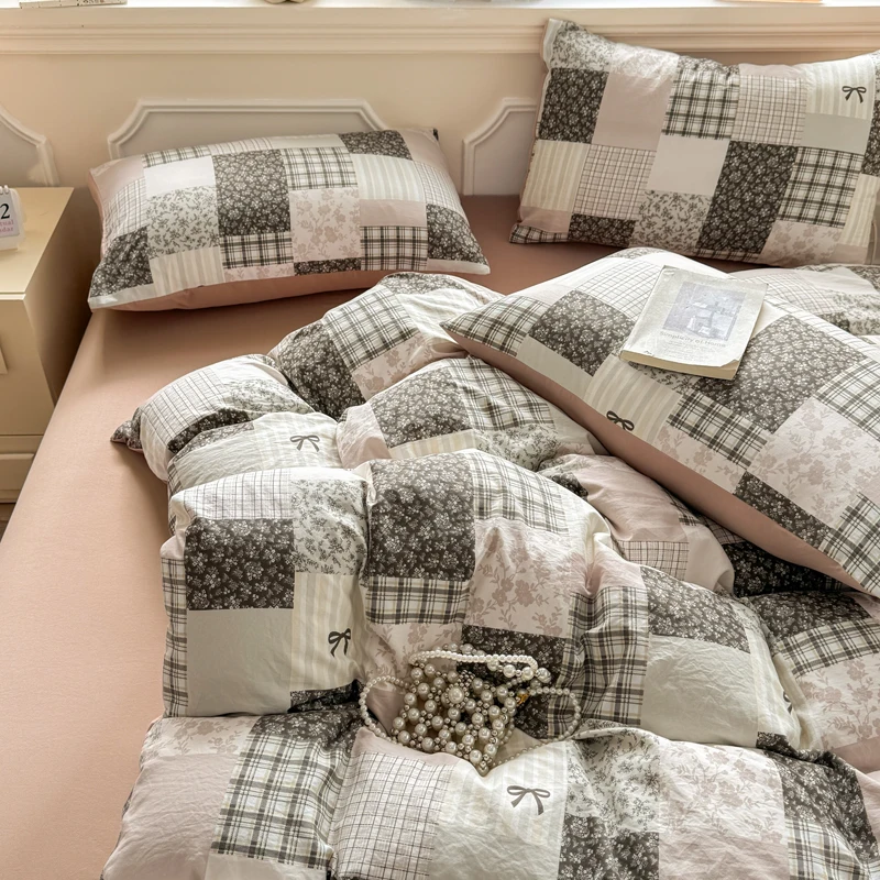 

Korean Bow Bedding Set Soft Washed Bed Sheet Set Twin Queen Size Duvet Cover Set No Filling With Pillowcases Bedroom Decor