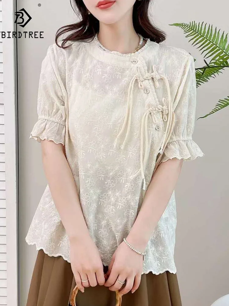 

New Spring Cotton Chinese Shirt Women Short Sleeve Stand Embroidery Tassel Top Girl Loose Casual Blouses 2024 Summer T44809QM