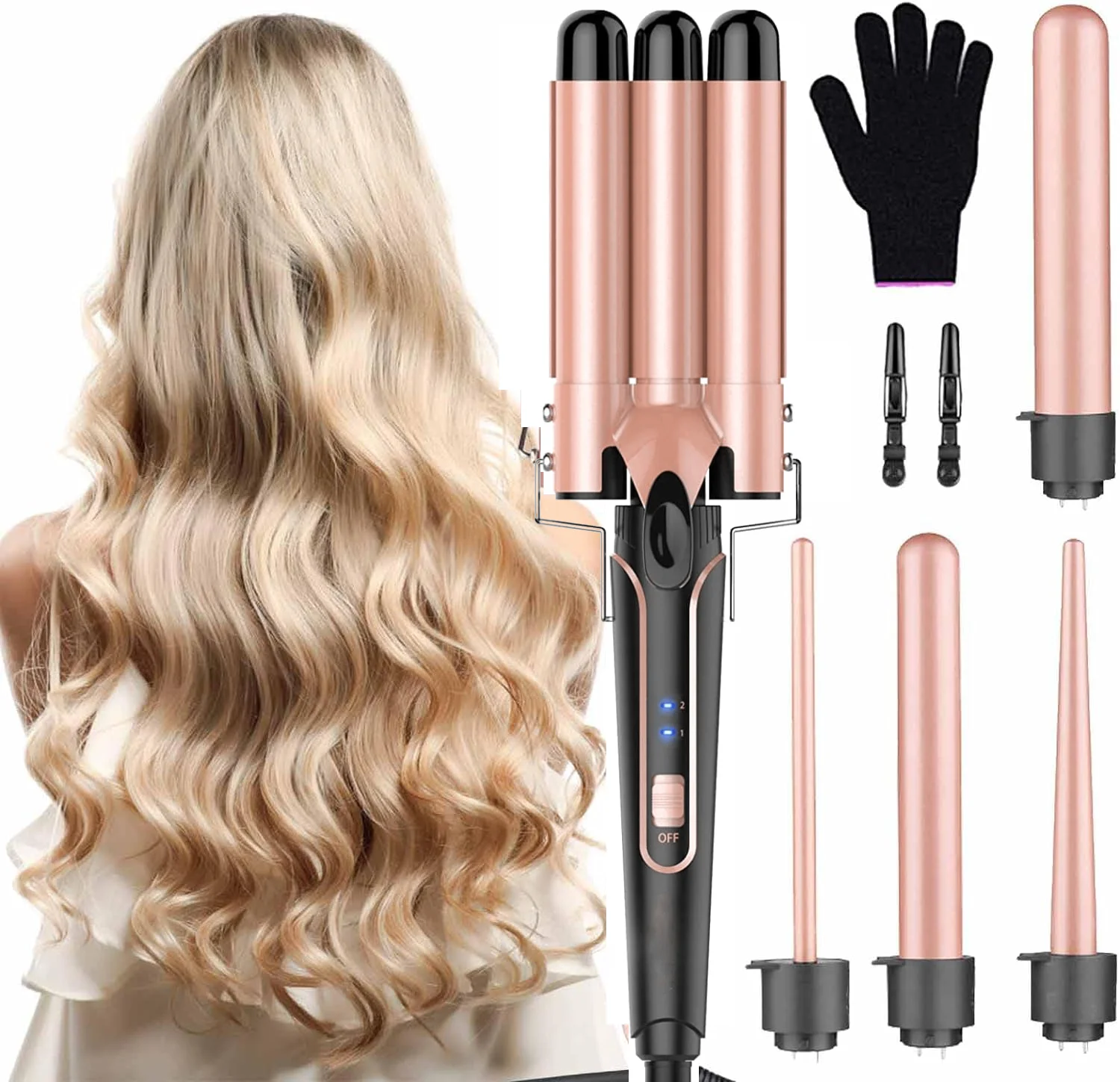 

5-in-1 Curling Iron Set Curling Wand with 3 Barrel Hair Crimper Iron and Interchangeable 4 Curling Irons, Dual Voltage Hair Wave