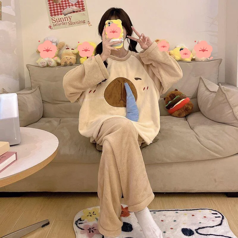 

Women's pajamas Comfortable Sleepwear Cotton Pajama Set winter autumn Flannel Thick Warm Coral Fleece Student Home Suit