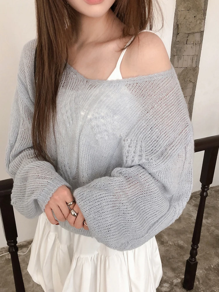 

Original Korean Style Knitted Sweater Twist Shoulder Long Sleeve V-Neck Women's Loose Fit Casual Breathable Pure Color Top