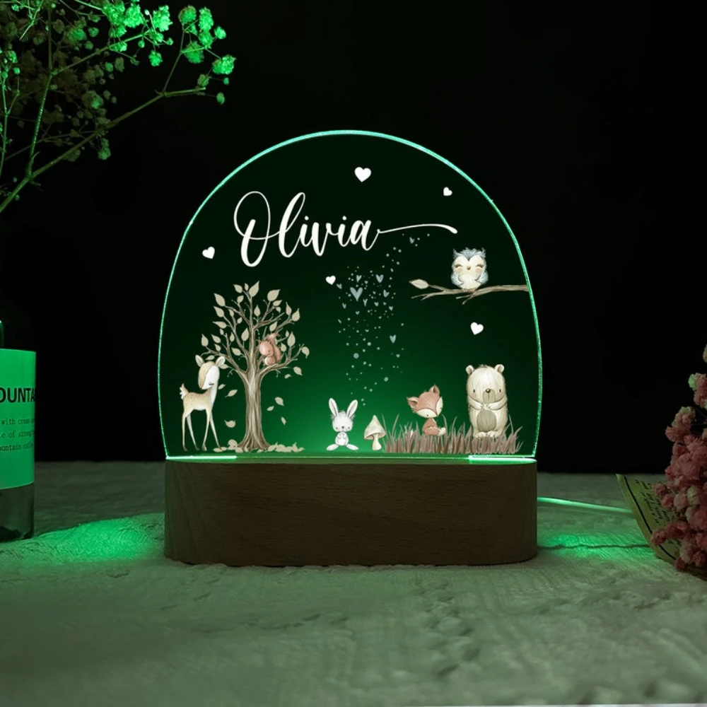 Luz nocturna personalizada con nombre personalizado, Animal, elefante, León con USB, lámpara con Base de madera para bautizo, lámpara de noche para habitación de niños