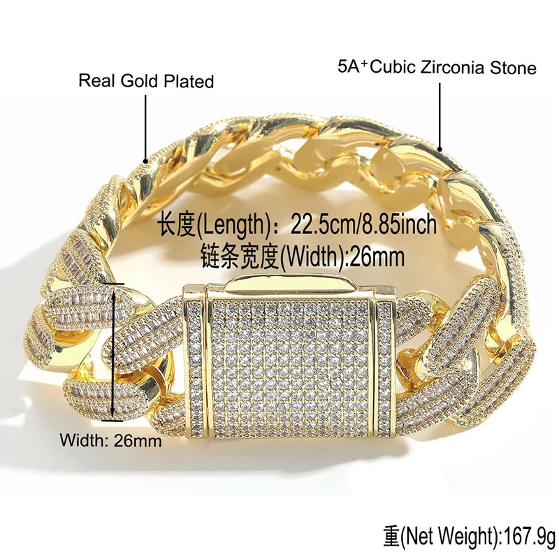 Men's 26mm Big Heavy Hip Hop Cubic Zirconia Bling Iced out Solid Rhombus Cuban Miami Link Chain Bracelet Rapper Jewelry
