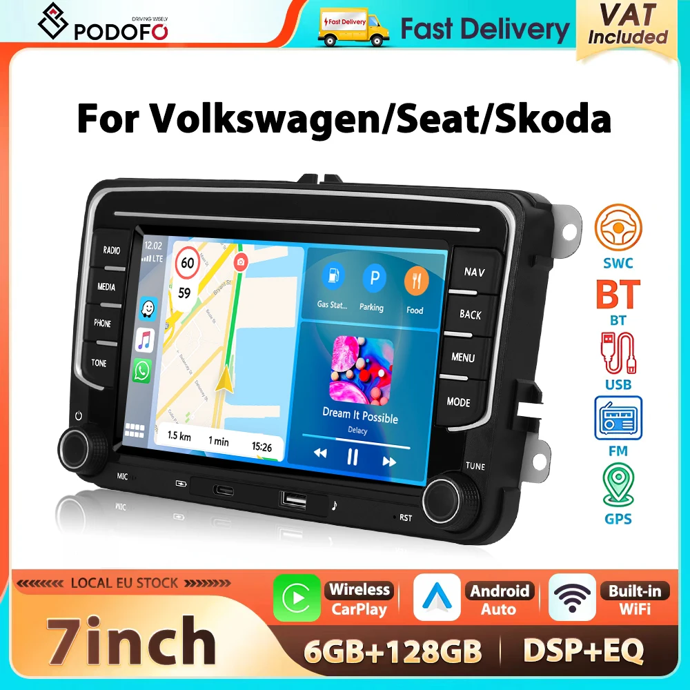 Autoradio Podofo 7'' 6+128G pour VW/PASSAT/GOLF/POLO/BORA, lecteur multimédia WIFI, Carplay, Android Auto, BT, égaliseur sonore DSP, autoradio