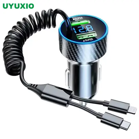 개폐식 케이블이있는 USB 차량용 전화 충전기 어댑터 LED 전압 모니터 iPhone 용 4 in 1 초고속 충전 Samsung Huawei