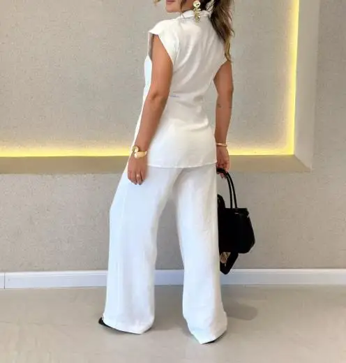 

2025 Fashion Lace Up Waist Cinched Short Sleeved Shirt and High Waisted Casual Pants Set for Summer Women's Casual 2-Piece Set