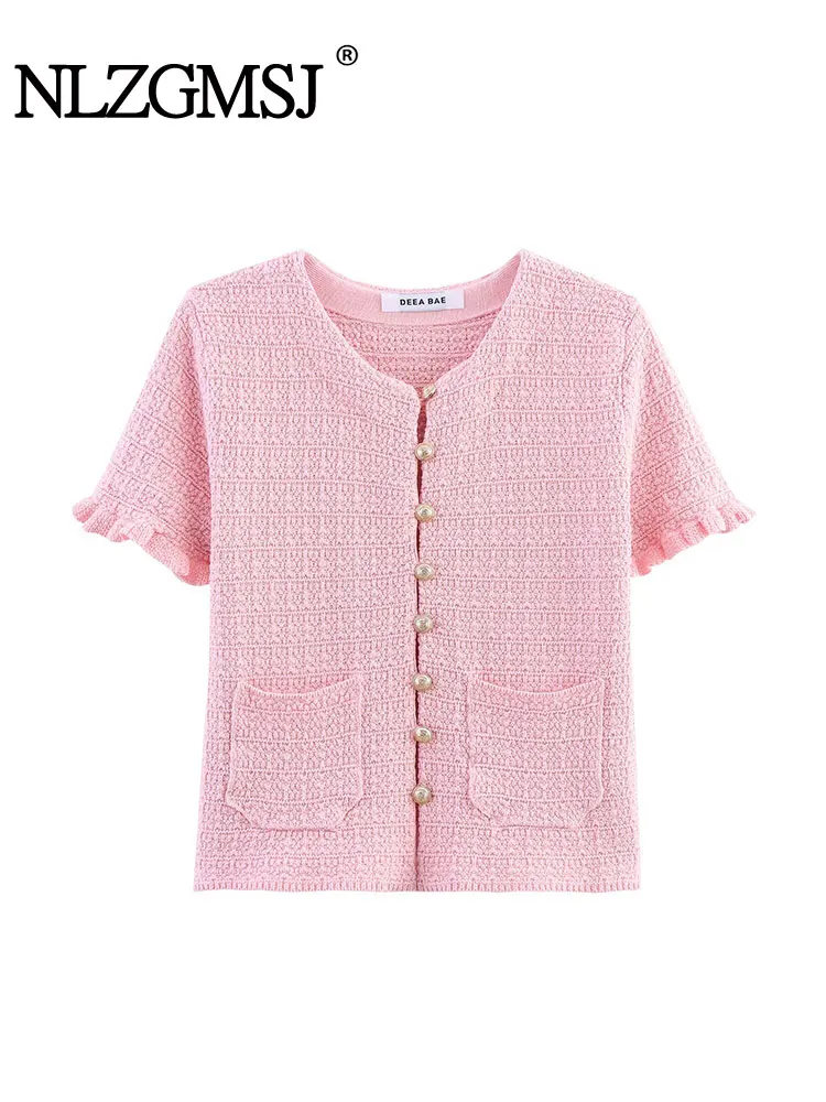 

Women's Fashion Knitted Tops Knitting Short Sleeve Stacked Decorate Single-Breasted Tops Female Casual Cardigan
