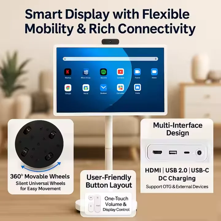 32-Zoll-Android-15-Floorständer-TV, 6G+128G Smart Screen mit Fernbedienung, 2K-Kamera-Videoanruf, eingebaute 148-WH-Batteriebetrieb