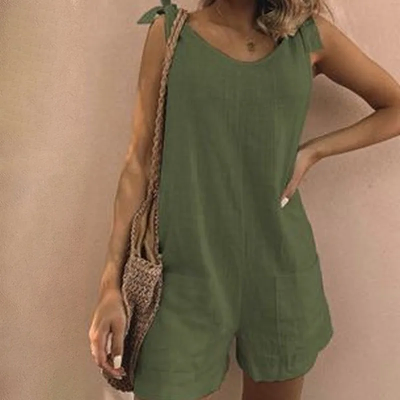 

Overalls Boho Summer Women's Solid Color Lace Up Short Jumpsuit Casual Pockets Loose Sleeveless Rompers Playsuits Womens Clothes