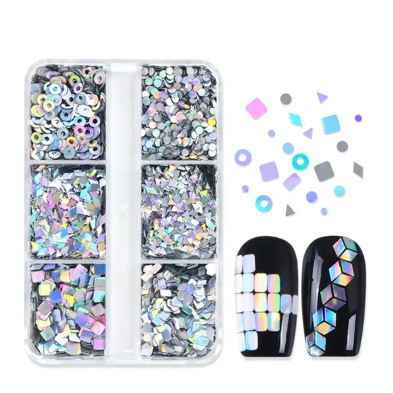 

6 Grids Nail Enhancement Laser Nail Glitter Flash Geometric Patterns Nail Decoration Nail Charm DIY Manicure Tools