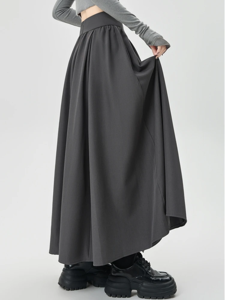Grey Black Midi Long Skirts Womens Maxi Skirt 2024 Autumn Winter Suit Skirt Office Lady Vintage High Waist Ruffle Pleated Skirts