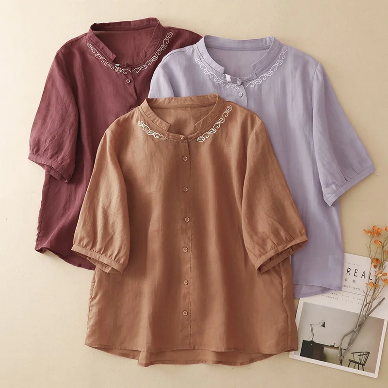 

Ladies Large Size Cotton Linen Embroidered Shirt Fashionable Loose Summer New Style Breathable Comfortable Short Sleeve Top