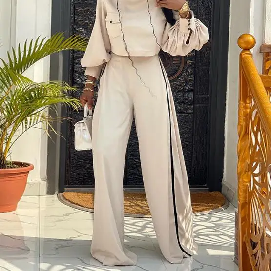 New Hot Selling 2023 Fashion Women's Large Loose Half High Neck Long Sleeve Top Wide Leg Pants Casual Pants Set