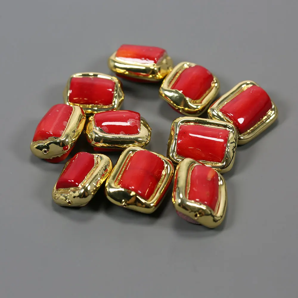 APDGG 10Pcs Gold Plated Red Coral Beads Gold Connector Loose Beads For Necklace Pendant Making Accessories DIY