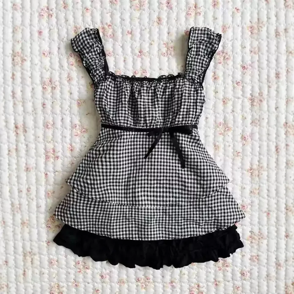 Y2k American Short Dresses Fashion Chic Short Sleeve Streetwear Clothing Vintage Stripped Lace Pleated Strap Dress Women