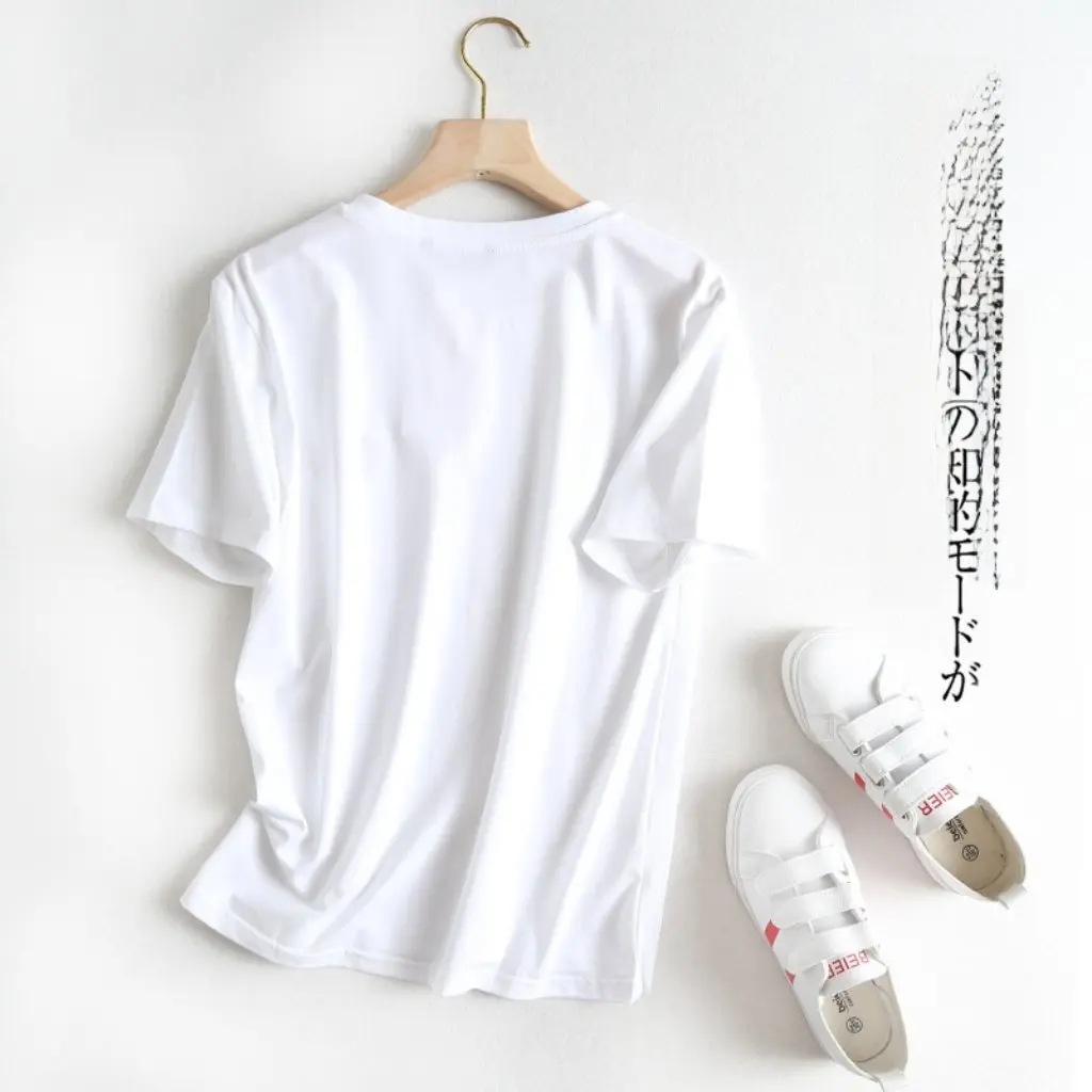 

Summer New Casual Women's Crewneck T-Shirt 32DING4-D047 Wings Peach Heart Design Fashionable Top for Ladies